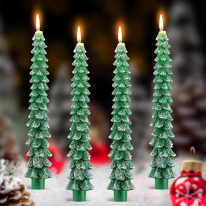 4 Pack 10 Inch Christmas Tree Candles, Premium Natural Unscented Beeswax Christmas Tree Shaped Taper Candles with Cotton Wick, for Xmas Holiday Decor Party Banquet (Green with Silver Trim)