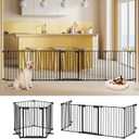AGESISI Freestanding Dog Gates with Door Walk Through, Extra Wide Doggy Door 125" W x 29" H Pet Gate Safty 5 Panels Dog Fence for Stairs, Doorways (Black)