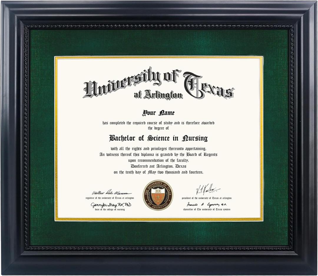 GMFrames 11x14 Diploma Degree Frame with Green Mat or Display 15x18 Certificates without Mat,Solid Wood,Black Finish with Intricate Black Rope Detail,UV Protection Acrylic