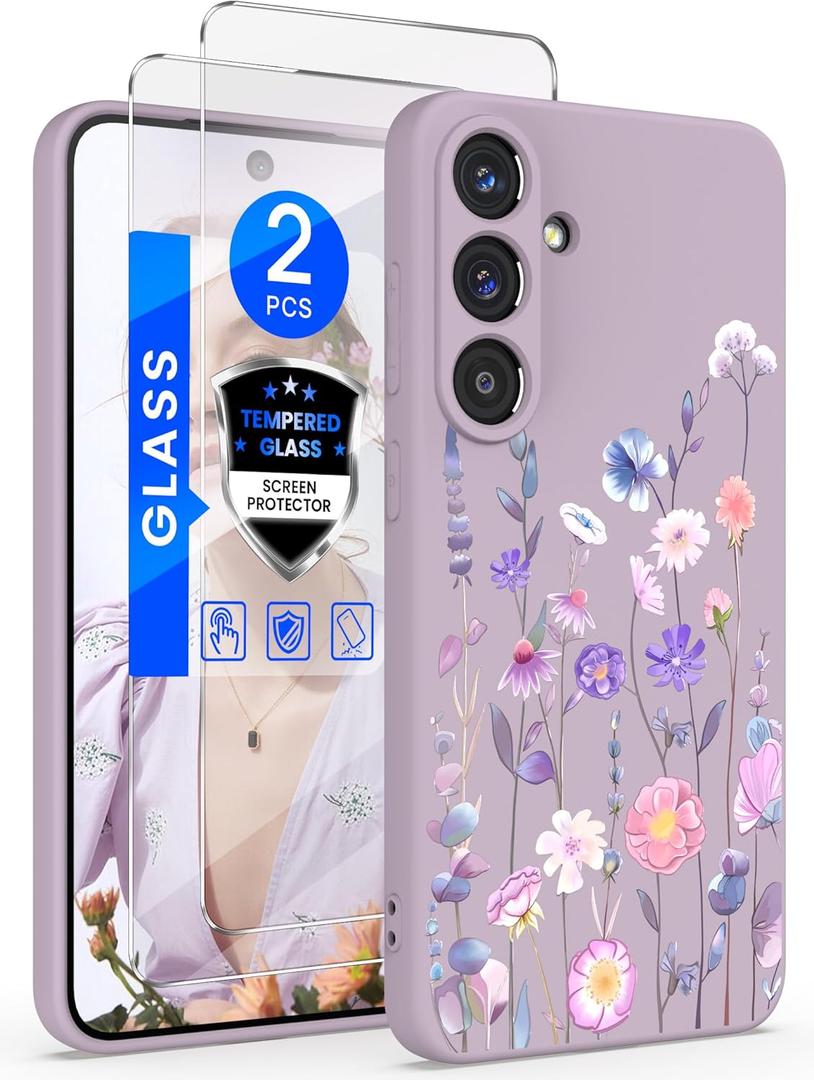 Yucenx for Samsung Galaxy S25 FE 5G Case with 2X Screen Protector, Girls Women Florals Liquid Silicone Phone Case, Shockproof Anti-Scratch Soft Protection Case for Galaxy S25 FE 5G (Colorful)