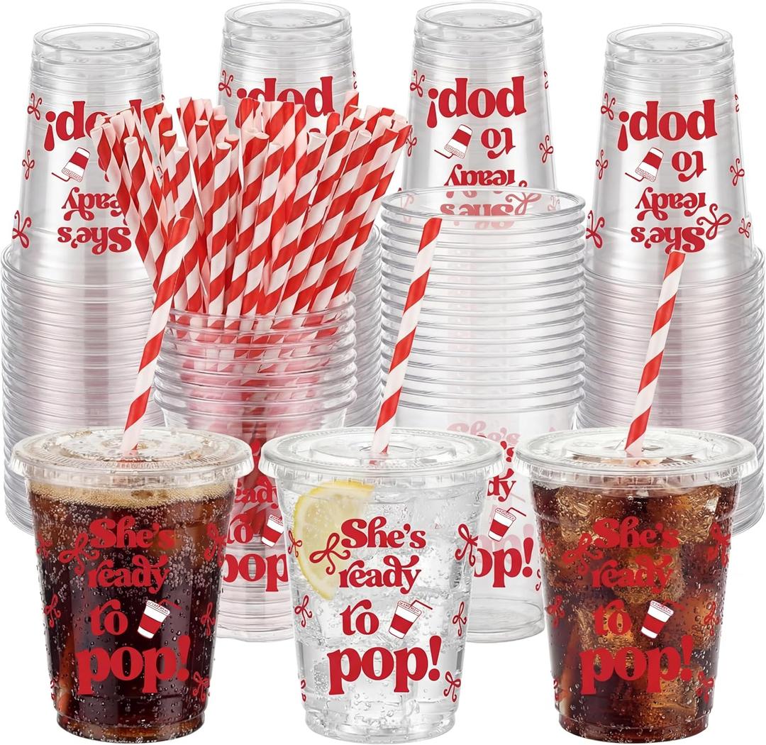 Zhehao 50 Sets/150 Pcs She's Ready to Pop Disposable Cups with Lids and Straws Plastic 12 oz Cute Soda Bow Cold Beverage Drinking Red Plastic Cups for Baby Shower Birthday Party Decorations Supplies