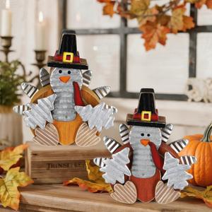 Zcaukya 2 Pack Thanksgiving Turkey Decorations, Wooden Turkey Figurines Table Decor for Office Bedroom Kitchen, Indoor Harvest Fall Decorations for Home