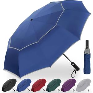 Satol Extra Large Golf Umbrella, 62 Inch Windproof 10 Ribs Vented Double Canopy Reflective Strips Automatic Open/Close Waterproof UV Protection Portable Compact Umbrella for Outdoor & Travel (Blue Round Handle)