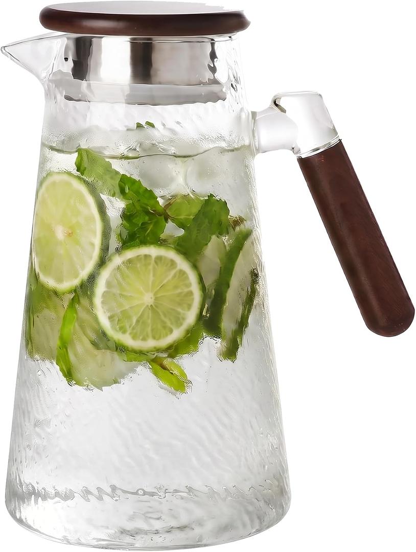 1.8L Glass Pitcher with Lid, Borosilicate Glass Carafe for Hot/Cold Drink, Water Pitchers with Handle for Fridge, Extra Large Jug for Iced Tea, Coffee, Beverage (Rippled Texture)