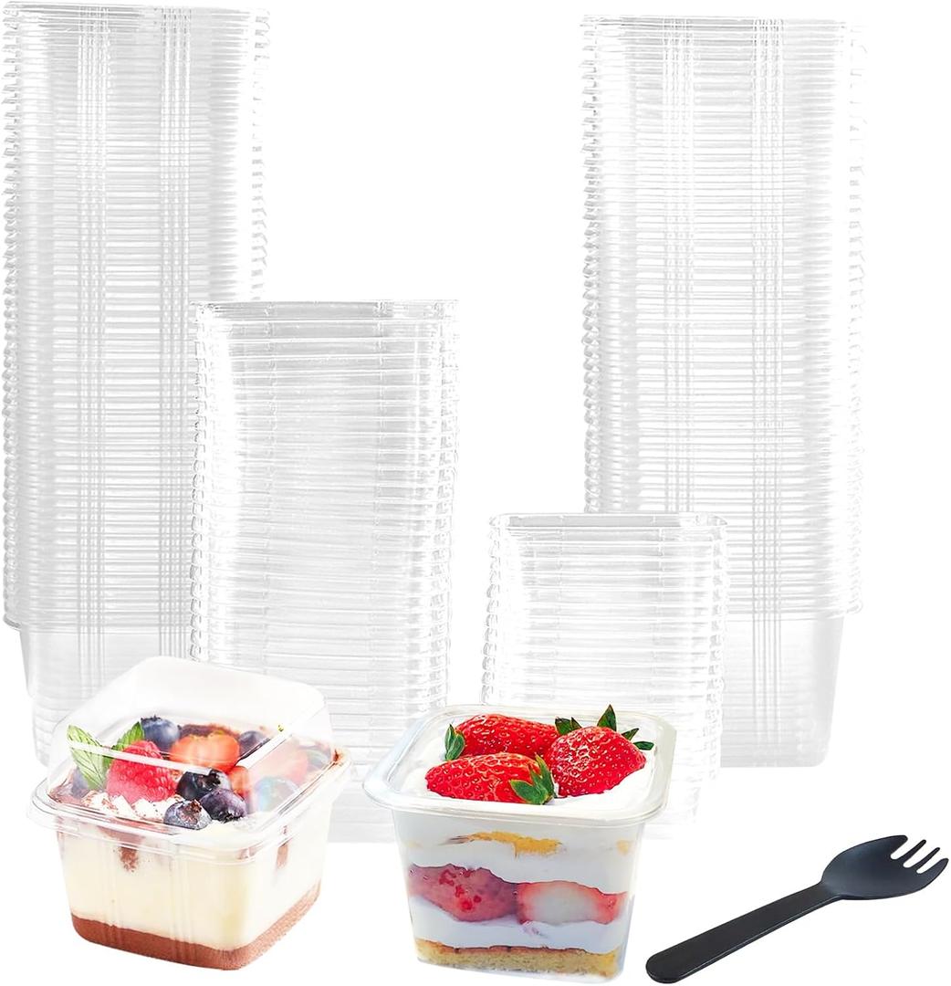 100 Pack 8OZ Plastic 50Pcs Square Dessert Cups with Lids and 50Pcs Spoons,Square Ice Cream Container with Forks, Disposable Parfait Cups for Mousse Cupcake Pudding Snacks Yogurt Parfait Fruits50Sets