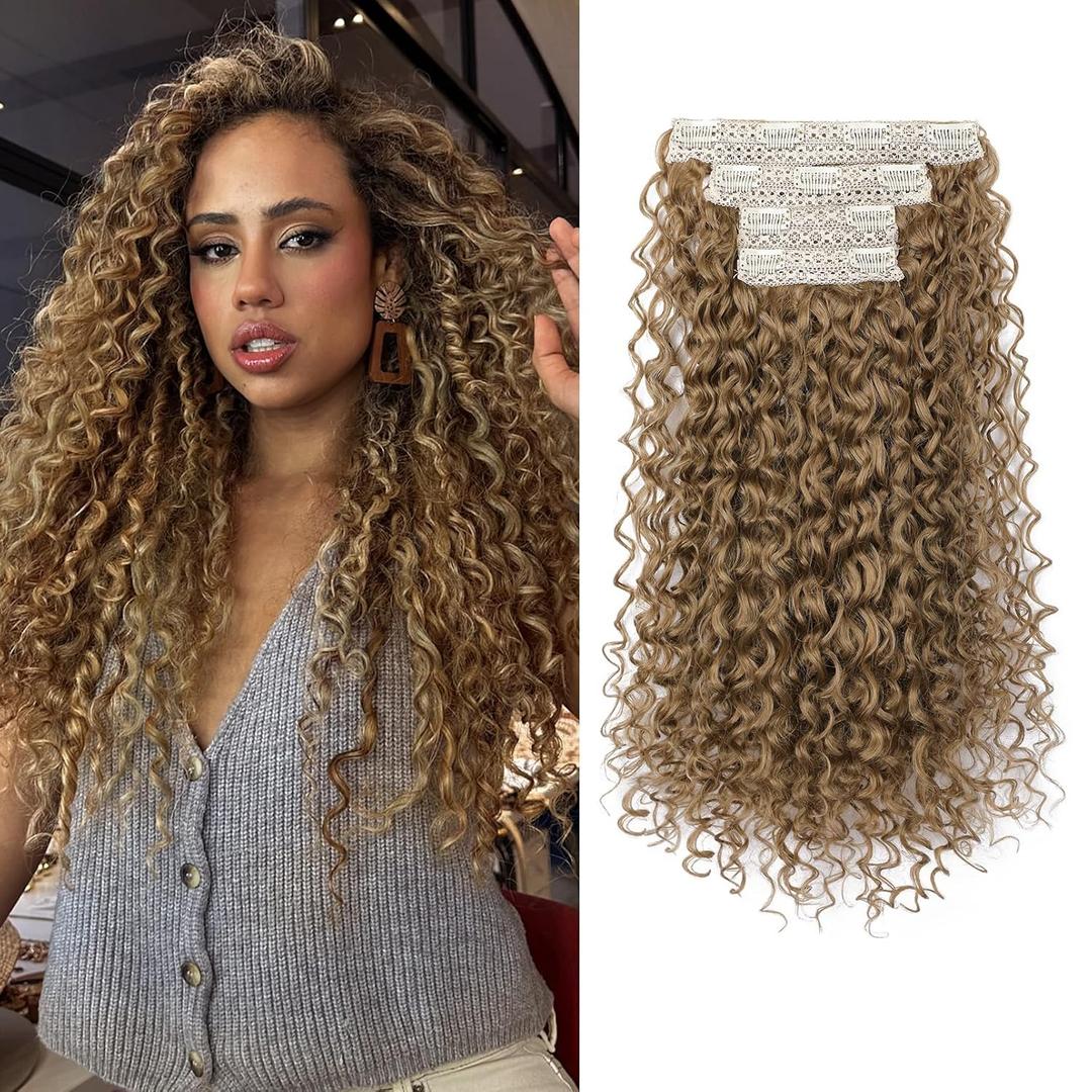 Clip in Hair Extensions, FLUFYMOOZ 4PC 100 Pure Protein Silk Hair Extensions Long Soft Natural Hairpiece 20 Inch Curly Hair Extension for Women Deep Dirty Blonde