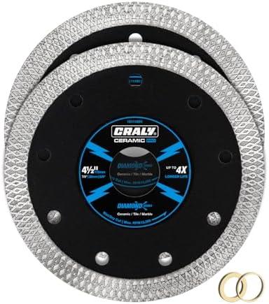CRALY 4-1/2 Inch Super Thin Diamond Blade, 7/8 in Arbor, 4.5'' Diamond Tile Blade for Angle Grinder & Tile Saw, Diamond Cutting Wheel for Cutting Ceramic, Tile, Marble, Granite, Brick, Porcelain, 2PC