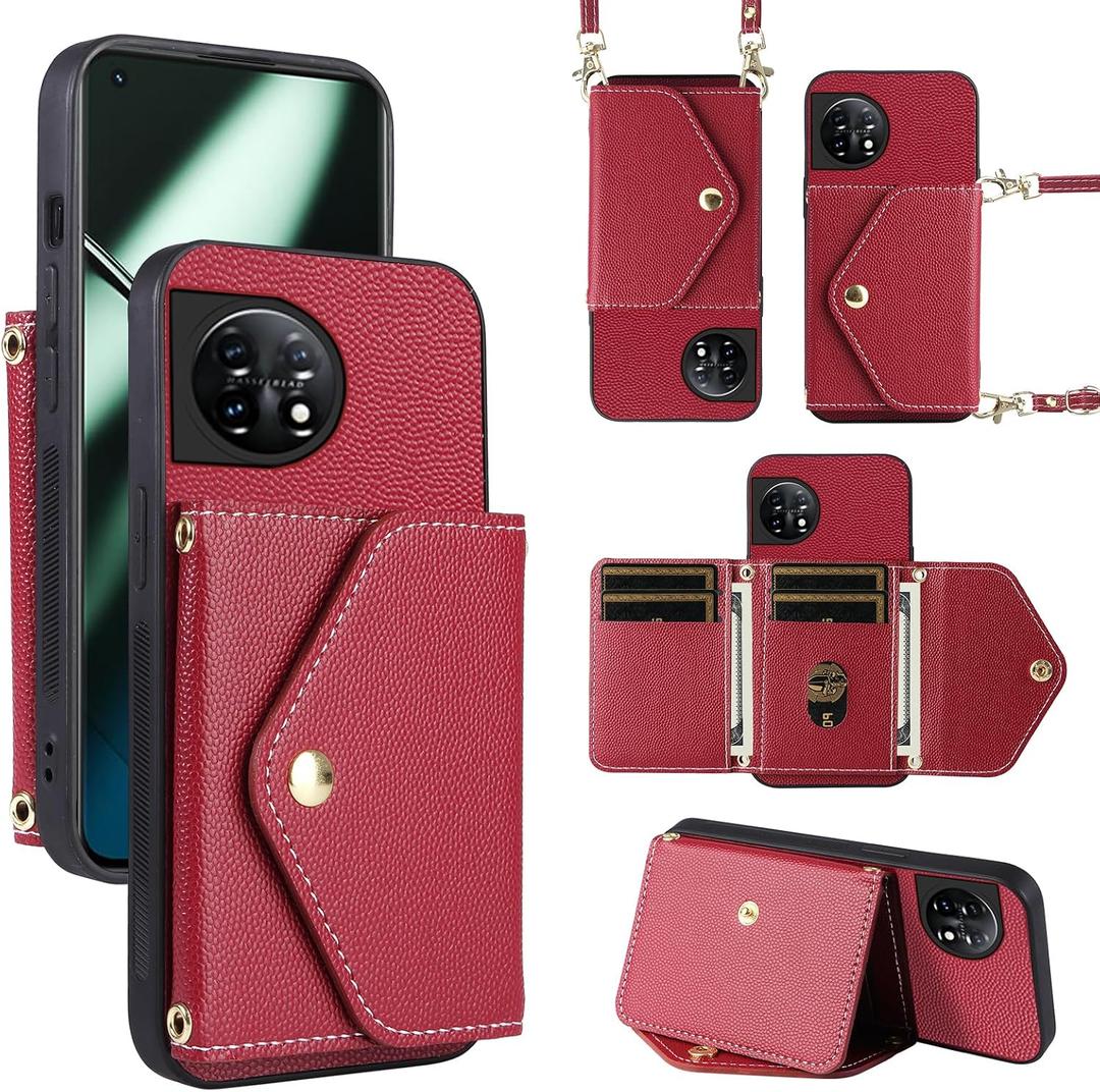 Minimalist Wallet Case for OnePlus 11 5G with Shoulder Strap,Thin Slim Flip Purse,PU Leather Credit Card Holder Stand Accessories Cell Phone Cover for One Plus11 1 Plus 1plus11 One+ 1+ Red
