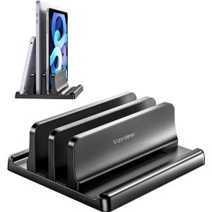 Vaydeer Vertical Laptop Stand for Desk, Dual Slots Plastic Laptop Holder with Space Saving 4-in-1 Design, Adjustable Laptop Stand Supports MacBook, Chromebook, Surface, Dell (Black)