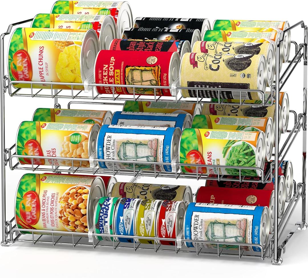 Simple Houseware Stackable Can Rack Organizer, 3-Tier Chrome-Finished Shelf  Holds Up to 36 Cans, 17" W x 11.5" D x 14" H  Pantry Cabinet Food Storage Dispenser