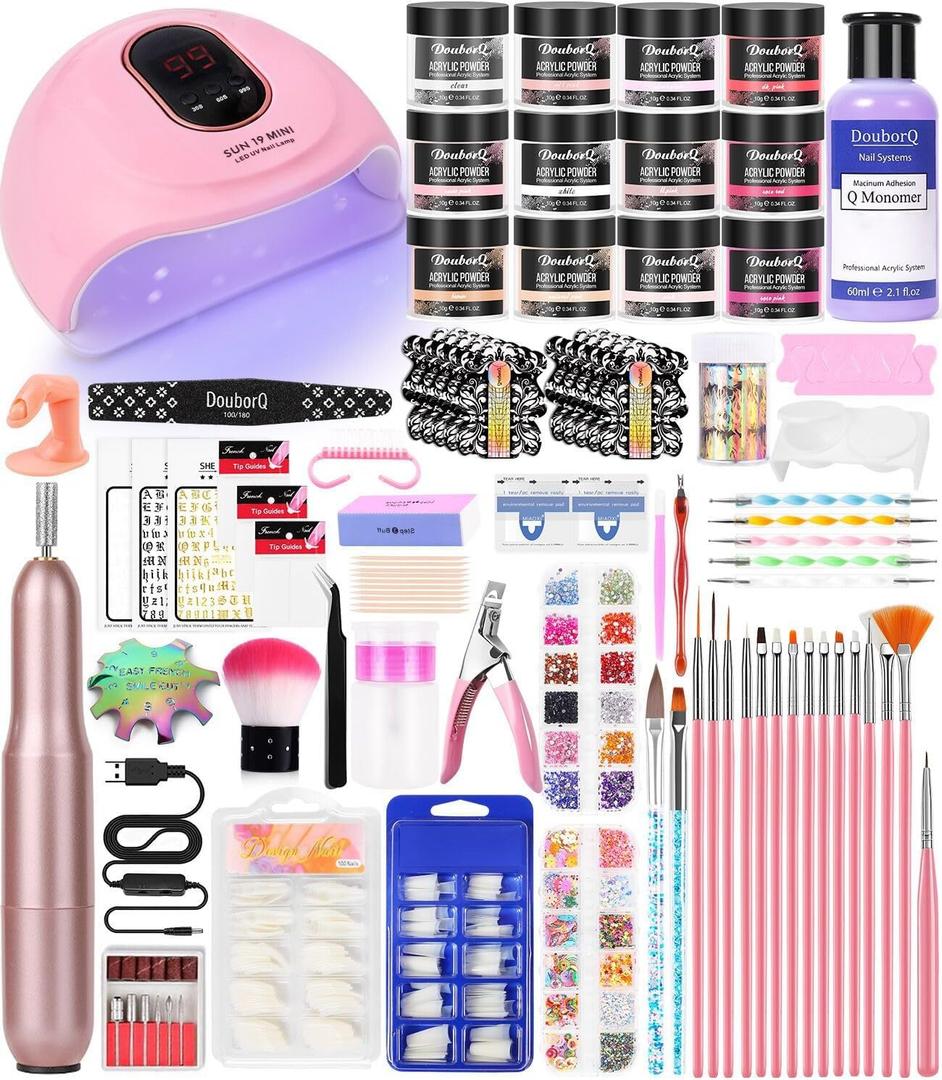 Acrylic Nail Art Kit-Nail Art Manicure Set Acrylic Powder Brush Glitter File French Tips U V Lamp Nail Art Decoration Tools Nail Drill kit for beginners with everything at home (White)