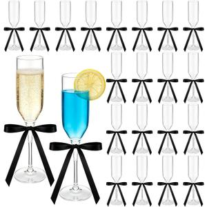 20 Set Plastic Champagne Flutes with Satin Ribbon Bow, 5 oz Clear Disposable Wine Glasses Plastic Champagne Ribbed Glasses Bulk Stackable Cocktail Cups for Wedding Birthday Party Bar(9 Inches)