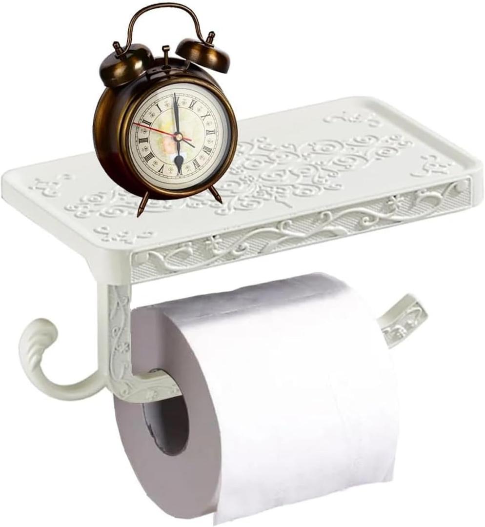 Antique Carving Toilet Paper HolderWall Mounted Single Roll Cell Phone Roll Holder Shelf for Bathroom Decor (White)