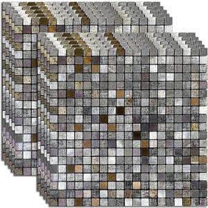 XUANINY Peel and Stick Backsplash Tiles for Kitchen,Bathroom,Fireplace,Self Adhesive Metal Aluminum Mosaic (12"x12") (10, Coffee + Gray Printing)