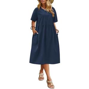 IN'VOLAND Plus Size Cotton Linen Dresses for Women Short Sleeve Summer Midi Dress with Pockets 18W
