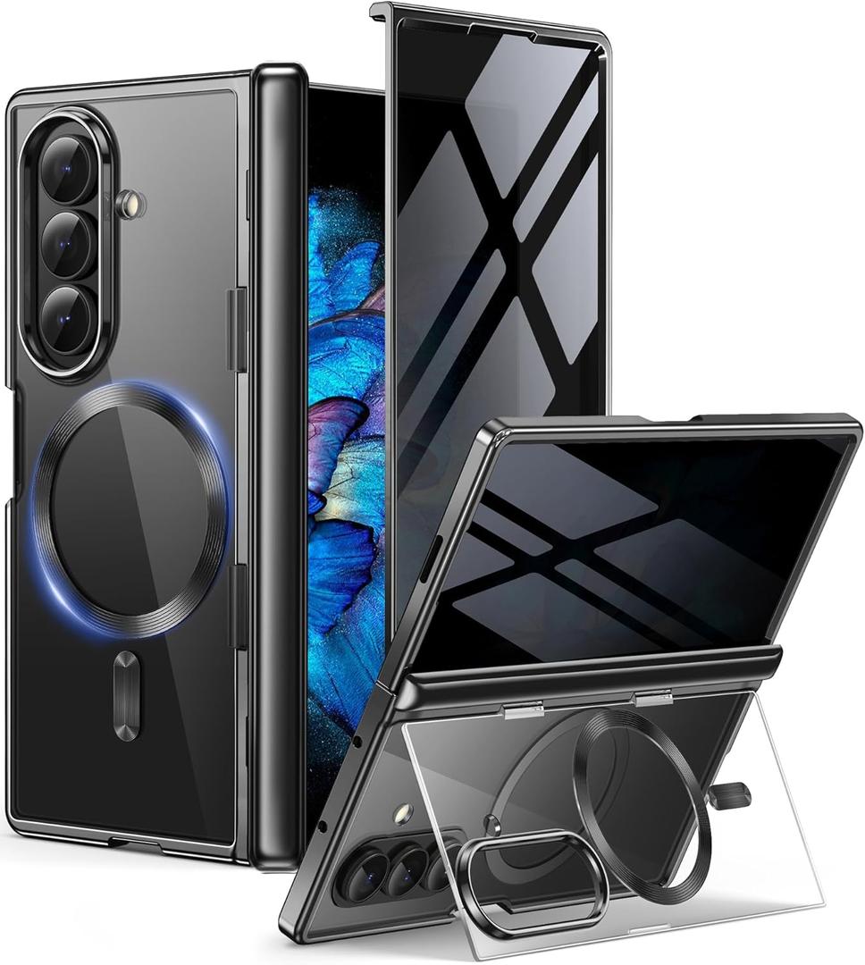 BERFY for Z Fold 7 Case with Privacy Screen Protector, [Compatible with Magsafe][Hidden Kickstand] Clear Plating Design Full-Body Slim Shockproof Hard Phone Case for Samsung Galaxy Z Fold 7, Black