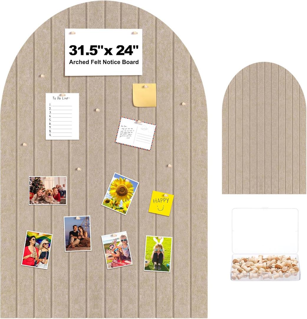 31.5 X24 Inch Large Arch Felt Bulletin Board with 50 Wooden Pushpins Decorative Picture Framed Display Board Felt Tile Wall Organizer for School Home Office Boho Wall Decor(Dark Camel)