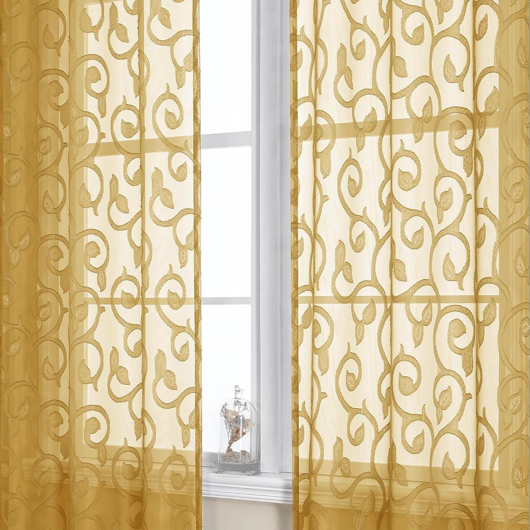 OWENIE Furman Gold Sheer Curtains 63 inch Length for Bedroom Living Room 2 Panels Set, Jacquard Clip Textured Semi Sheer Curtains, Light Filtering Rod Pocket Farmhouse Window Treatments, 40Wx63L inch