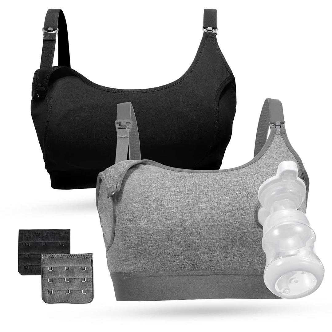 Momcozy Hands Free Pumping Bra, Supportive All Day Wear for Spectra, Medela, Bellababy Breast Pumps (Medium, Black,grey-2pk)