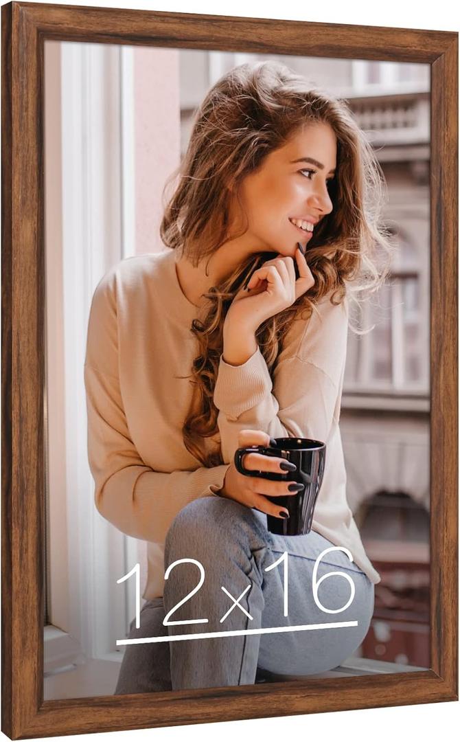 12x16 Picture Frame Brown Wood, Rustic Natural 16x12in Woodgrain Frame, Distressed Brown 12 x 16 inch Gallery Wall Photo Poster Frame with HD Plexiglass, Horizontal Vertical Wall Mounting Display 1pcs
