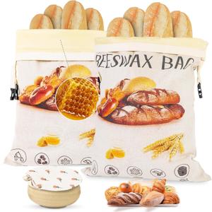 Beeswax Bread Bags (2026 New Upgrade) 2-Pack Reusable Bread Bags for Homemade Bread Sourdough,17"13"100% Linen Moisture-proof Lined XL Beeswax Bread Bag with Buckle&1Bowl Covers,Keeps Fresh Longer (Bread print color)