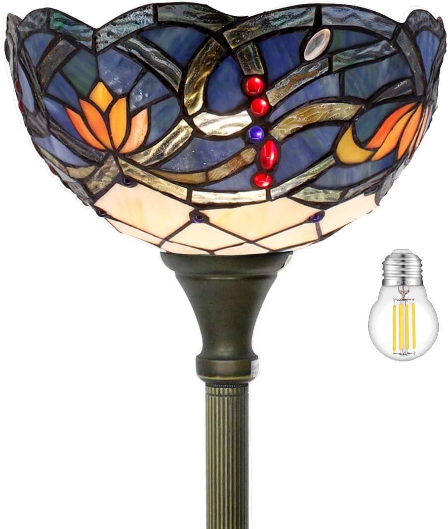WERFACTORY Tiffany Floor Lamp Torchiere Blue Lotus Stained Glass Light