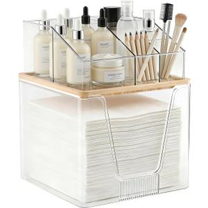 2 in 1 Disposable Facial Towel Holder and Cosmetic Organizer, Clear Storage with Bamboo Lid Compatible with Clean Skin Club Towel XL, Stackable Vanity Organizer for Bathroom Vanity Counter, 2 Tier
