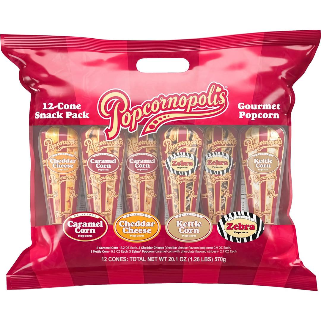 Popcornopolis Gourmet Popcorn Snacks, 12 Cone Variety Snack Packs (Gift Cone), Zebra Popcorn, Cheddar Cheese Popcorn, Caramel Popcorn & Kettle Corn Popcorn