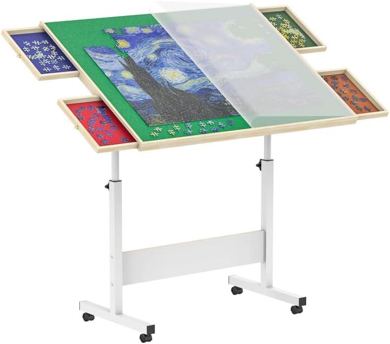 Wooden Puzzle Table with Cover and Drawers 1500 Piece Puzzle Board with 360 Rotating Wheels | Lightweight & Portable Jigsaw Puzzle Organizer for Adults and Kids, 34.7 x 26.6, Puzzle Board with Legs