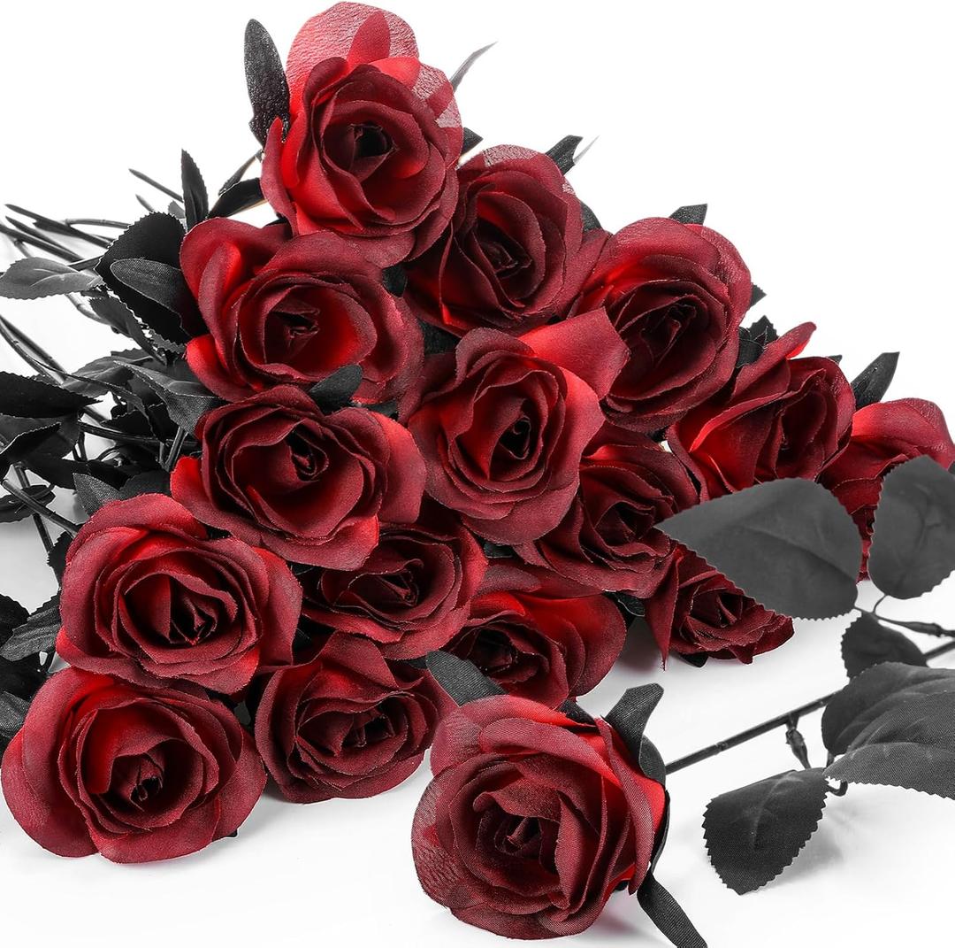 Hotop 30 Pcs Artificial Flowers Roses Bulk, Silk Fake Flower with Long Stem Gothic Real Lifelike for DIY Wedding Bouquet Centerpiece Home Party Offices Decor(Burgundy)