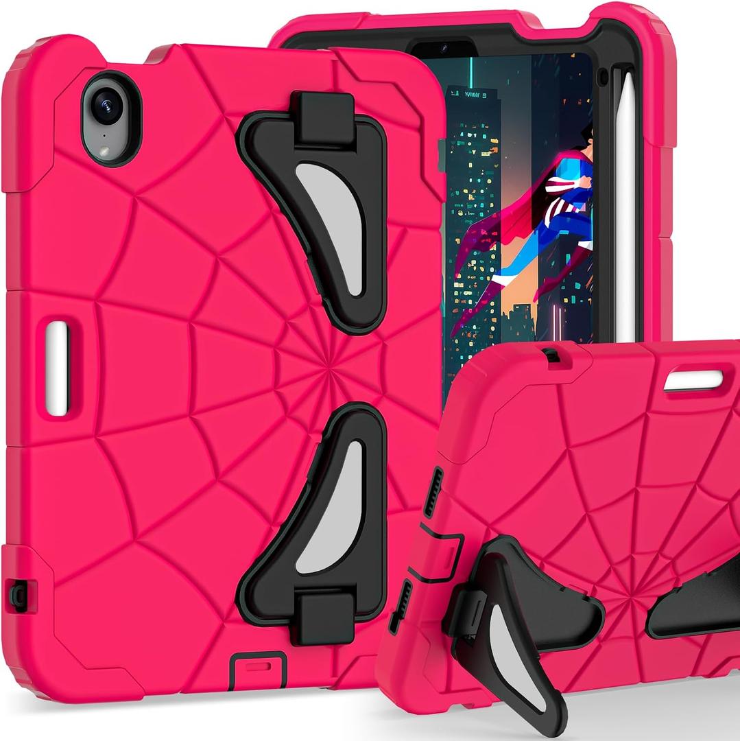 Kids Case for iPad mini 7 A17 Pro 2024/ Mini 6 8.3 inch, Spider Case for iPad mini 7th 6th Generation, Shockproof Durable Full Protective Cover with Pencil Holder, Kickstand (Rose red+Black)