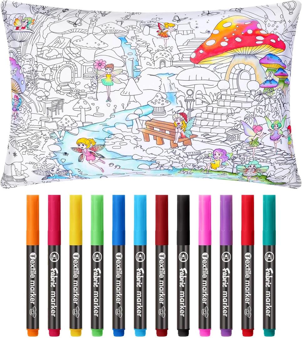 Mindsoft Coloring Pillowcase with 12 Pcs Markers Color Your Own Pillowcase Kit for Coloring Craft Decoration Supplies, 28.7 x 19.7 Inch (Mushroom Elf)