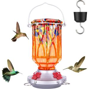 Hummingbird Feeders for Outdoors with Ant Moat, Hand Blown Glass Hummingbird Feeder, 4 Feeding Ports with Perch, Outdoor Garden Dcor, 15 OZ, Orange
