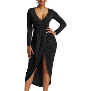 GOBLES Women's Sexy Long Sleeve V Neck Wrap Ruched Front Slit Midi Party Dress (Large, Black)