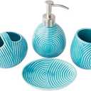 Comfify Designer 4 Piece Bathroom Accessory Set  Ceramic Bath Set w/Liquid Soap or Lotion Dispenser, Toothbrush Holder, Tumbler and Soap Dish  Decorative Set w/Embossed Details  Blue