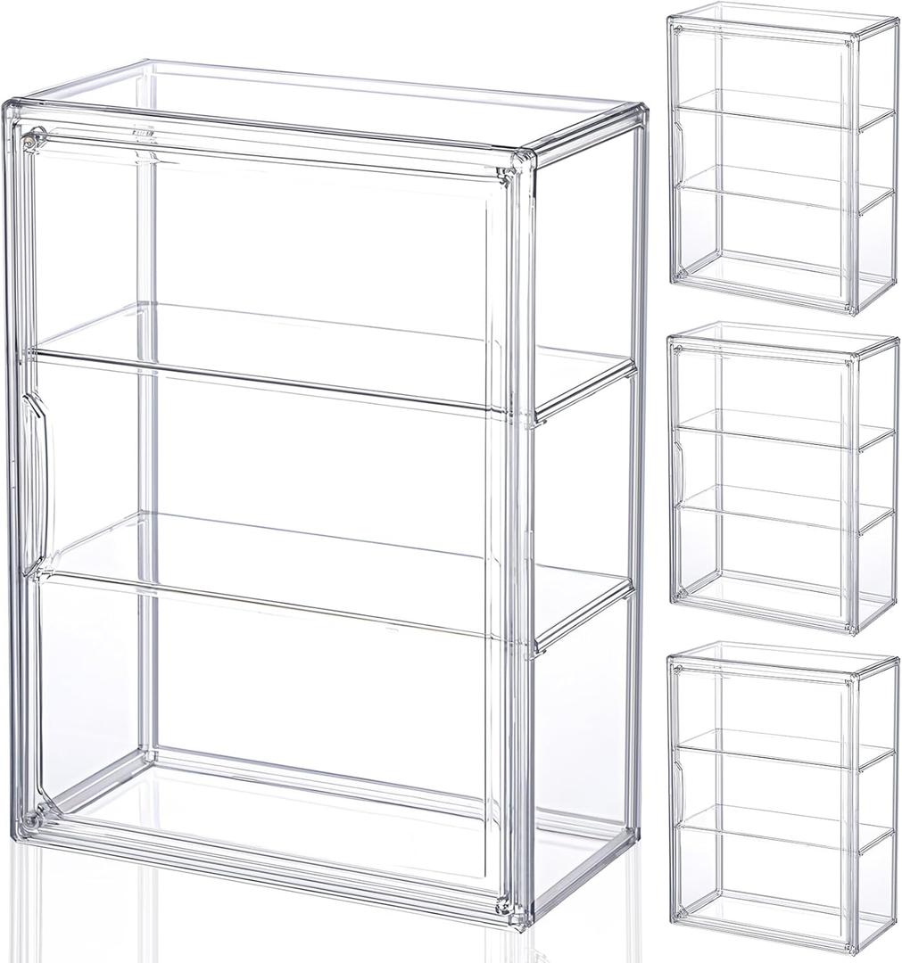 2 Pcs Clear Acrylic Display Case 3 Tier Clear Display Shelf Storage Boxes Cabinet Organizer with Magnetic Door for Figures Mini Toys