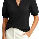 Women Tops Henley V Neck Button Up Shirt Embroidered Short Sleeve Blouses Dressy Casual Clothes Summer Outfits (XL)