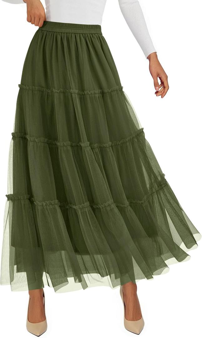 PRETTYGARDEN Tulle Skirts for Women 2025 Fall Fashion Elastic High Waisted Tiered Flowy A-Line Casual Maxi Long Skirt, Size L