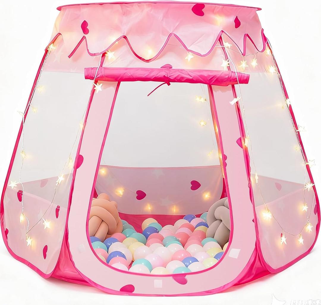 Pop Up Princess Tent with Star Light, Toys for 1 2 3 Year Old Girl Birthday Gift, Baby Girl Toys, Ball Pit for 12-18 Months Toddler Gift, Easy to Pop Up and Assemble (Pink)