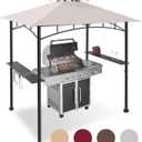 FAB BASED 5x8 Grill Gazebo, All-Weather Steel Construction, Double Tiered & Resistance Canopy Roof, Metal Serving Shelves, 2 LED and Bottle Opener for Patio, Backyard, BBQ (Light Gray)