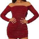 MOEENCN Women Mesh Bodycon Mini Dress Long Sleeve Square Collar Pleated Ruched Dresses Party Night Club Outfits Burgundy M