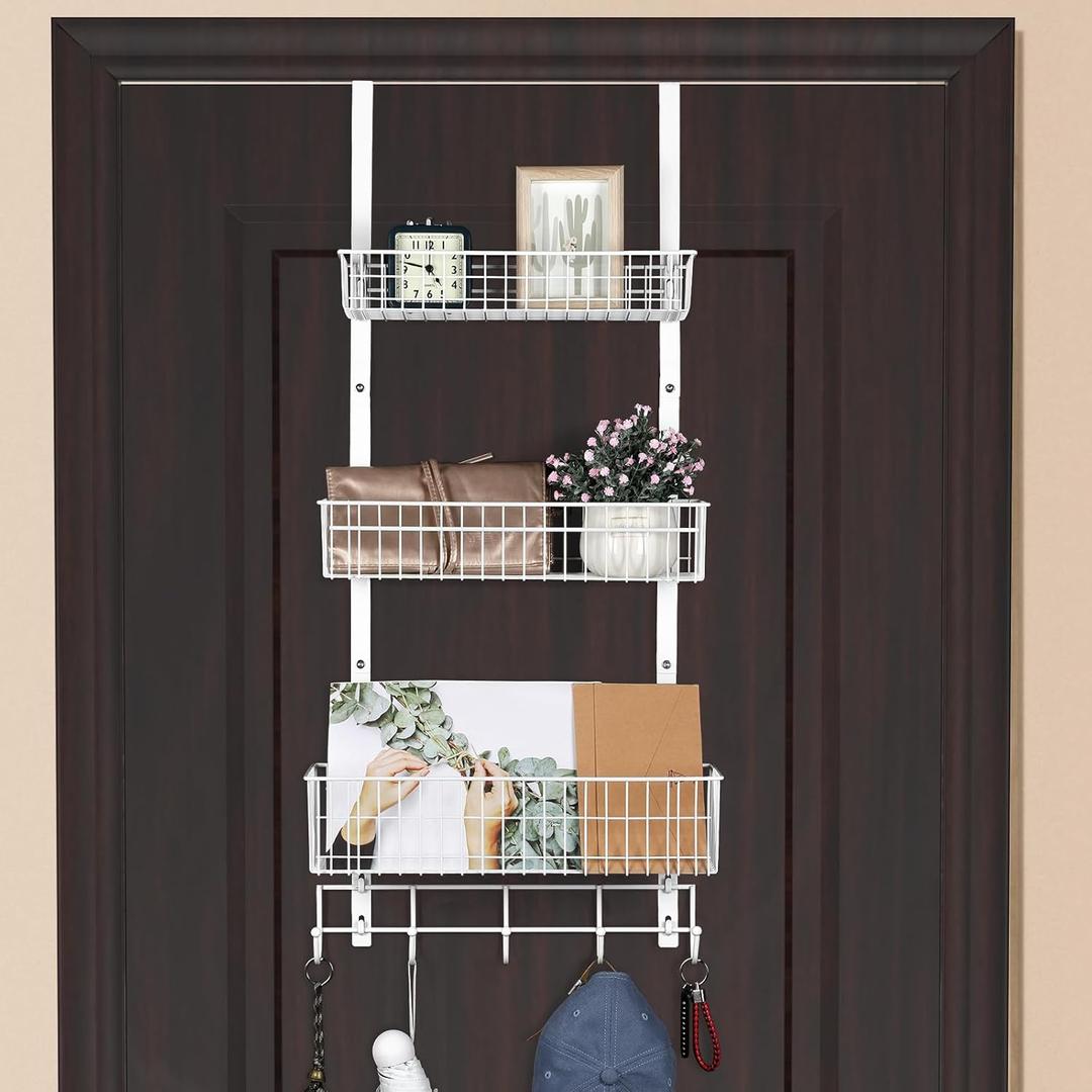 ETELI Over The Door Basket Organizer with 3 Mesh Baskets and 5 Hooks Heavy Duty Pantry Door Organizer Back of Door Storage Rack for Bathroom, Kitchen, Office, White, 5.5"D x 16.5"W x 35.4"H
