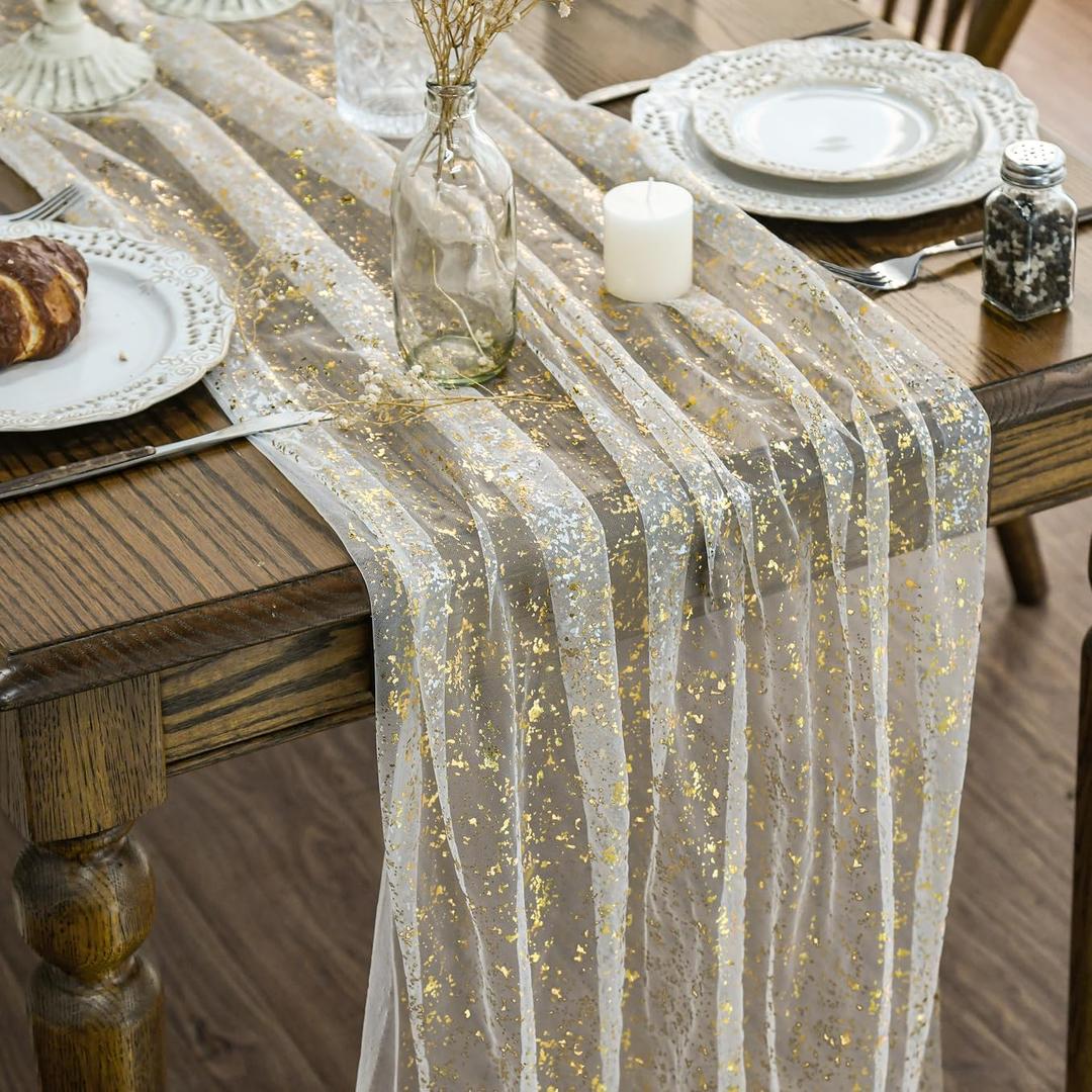 Artoid Mode Beige Gold Gauze Table Runner 120 Inch 10FT, Glitter Metallic Foil Sheer Dining Wedding Anniversary Holiday Birthday Table Decor for Home Party (28" x 120")