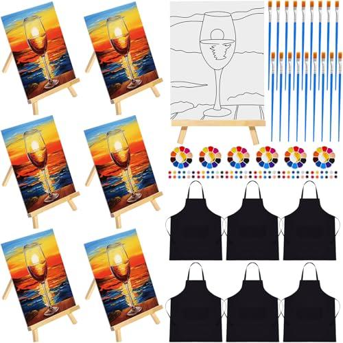 Motipuns 6 Set Pre Drawn Canvas for Painting for Adults Sip and Paint Kit with Easels 8 x 10 Inches Paint Party Kit with Printed Canvas Paints Brushes Palette Apron(Sunset with Wine Glass)