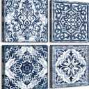 DJSYLIFE Bathroom Wall Decor Navy Blue Flower Paintings Canvas Prints Decoration Vintage Wall Art for Bedroom Framed Ready to Hang 12" Wx12 Hx4 pcs