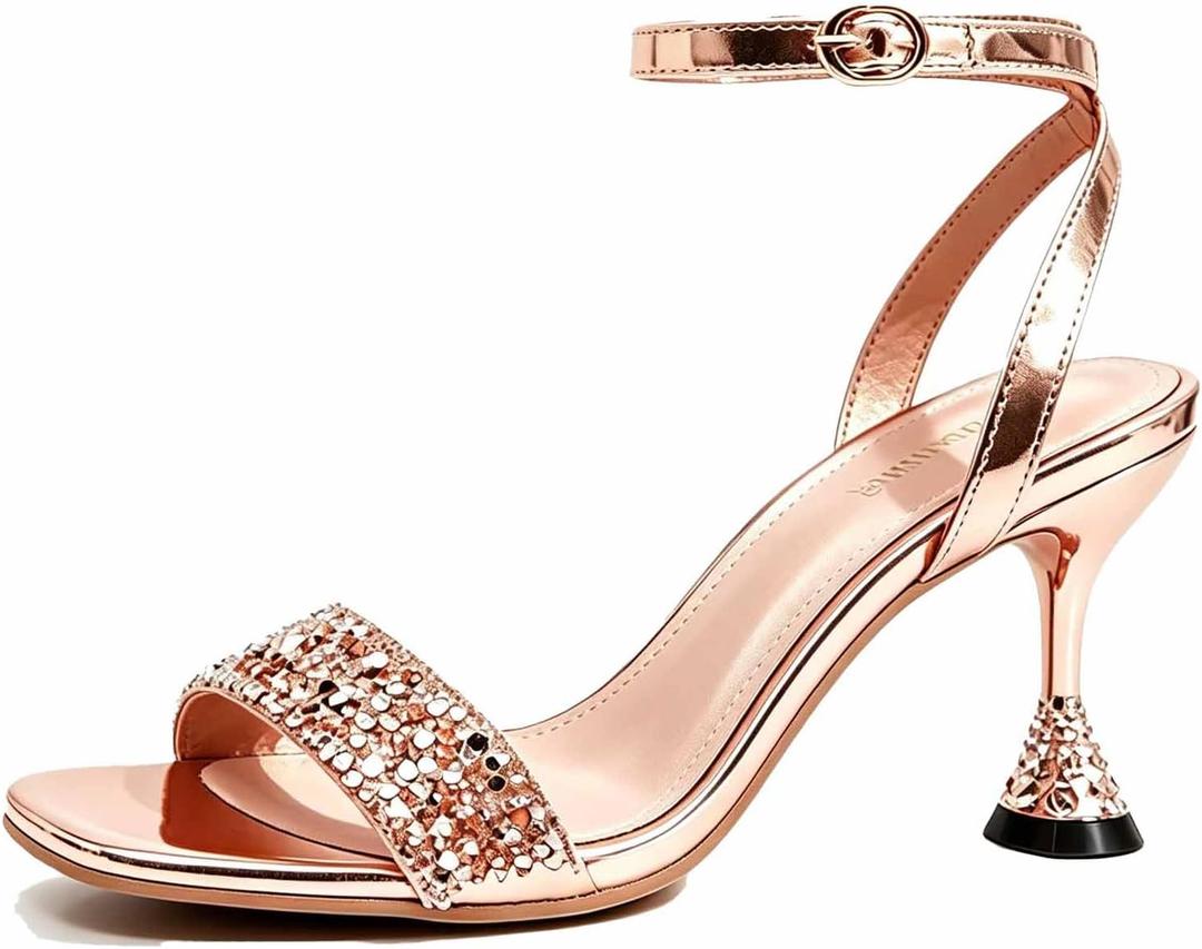Women's Sparkling Rhinestone Ankle Strap Heeled Sandals Purple Metallic Square Open Toe Mid-Heel Dress Sandal for prom Shining Heels, Size 9.5