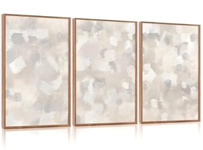 Aurlan Abstract Gray Beige White Pastel Wall Art Set(16"x24"), 3 Pieces Neutral Geometric Strokes Shapes Illustration Framed Canvas Artwork, Large Mid Century Modern Minimalist Wall Decor for Office Bedroom Living Room