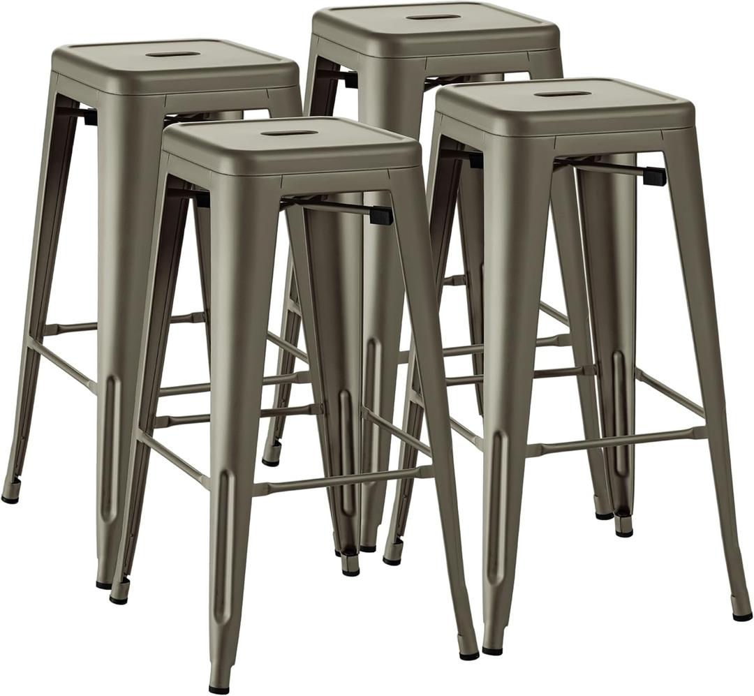 Furmax 30 Inches Metal Bar Stools - High Backless Indoor-Outdoor Stackable Kitchen Set of 4 (Gun)