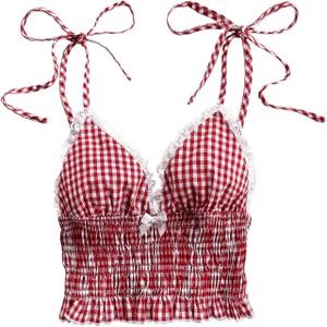 WDIRARA Women's Gingham Cami Crop Tops Plaid Contrast Lace V Neck Camisole Tops (S)
