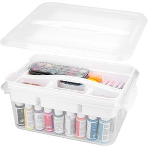 CraftGenes Craft Storage Box with Removable Tray, 20 QT Clear Plastic Organizer with Lids, White Playdoh Storage Containers for Crafts Supplies, Tools, Puzzles